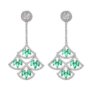 Copper Zirconia Fan-Shaped Tassel Earrings For Women Elegant Long Retro Dangle Ear Jewelry For Banquet Wedding Party Gift