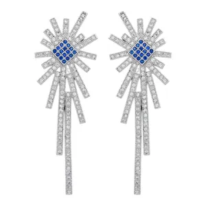Elegant long pave zirconia drop earrings with blue square center stone for women fashion party gift.