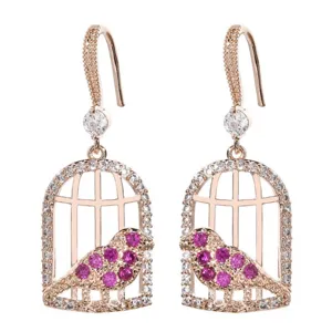 Elegante roségoldene Vogelkäfig Hängeohrhänger mit rosa Zirkonia für Damen und Mädchen.