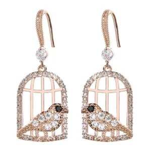 Elegante roségoldene Vogelkäfig-Ohrhänger mit funkelnden Zirkonia-Steinen für Damen.