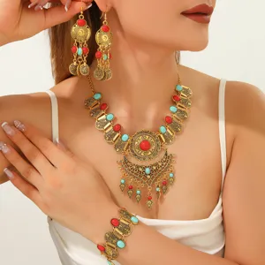 Böhmische Vintage Goldmünze Quaste Halskette Ohrringe Armband Schmuckset für Damen