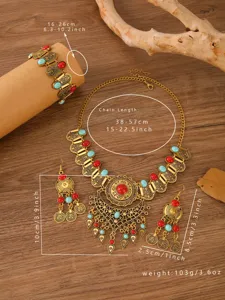 Detailansicht des böhmischen Vintage Legierung Schmucksets mit detaillierten Maßangaben.