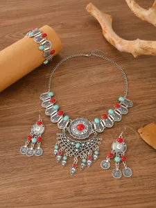 Retro ethnischer Stil Legierung Türkis Quaste Halskette Ohrringe Armband Schmuck Set.