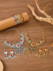 Böhmischer Retro Münzen Quasten Halskette Ohrringe Armband Schmuck Set für Damen.