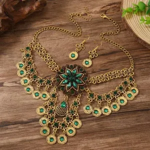 Retro bohemien mehrschichtig grün kristall münze halskette ohrringe schmuck set für damen mode.