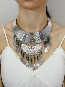 Retro ethnic multi-layer peacock tassel crystal necklace vintage metal choker jewelry detail.