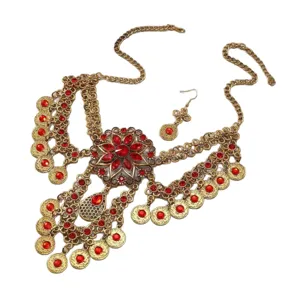 Böhmischer Vintage roter Kristall Münze Quaste Halskette Ohrringe Schmuckset für Damen Statement.