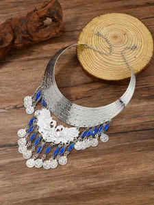 Ethnic silver peacock statement necklace with blue stones and coin fringe tassels for women.