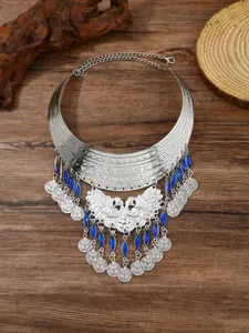 Vintage ethnic silver peacock collar necklace with blue stones and coin fringe for women.