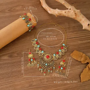 Vintage ethnischer Stil goldfarbene Halskette Armband Ohrringe Schmuckset mit roten Steinen.