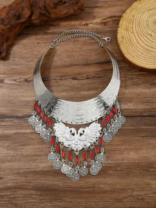 Detailed close-up view of vintage multi-layer peacock tassel statement necklace.