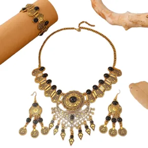 Vintage ethno goldfarbene Halskette Ohrringe Armband Schmuck Set für Damen boho look.