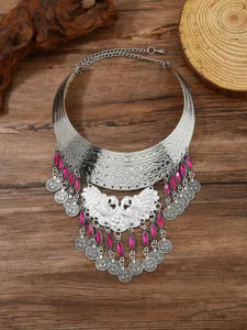 Retro multi-layer peacock rhinestone tassel necklace, exaggerated ethnic style collar jewelry.