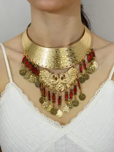 Vintage peacock tassel rhinestone choker necklace, ethnic bohemian statement collar jewelry.