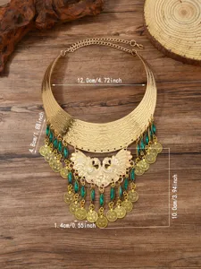 Vintage ethnic multi-layer peacock tassel necklace with green rhinestones and coin drops.