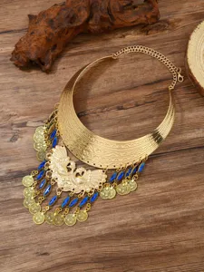 Retro ethnic peacock choker necklace with blue beads and coin tassels for women fashion.