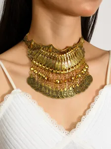 Βίνταζ εθνικό χρυσό κολιέ choker με νομίσματα, εντυπωσιακό σετ κοσμημάτων με φούντες.