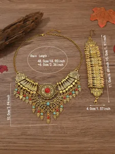 Schmuckset im Ethno-Vintage-Stil, goldfarbenes Metall mit bunten Steinen, Halskette und Armband.