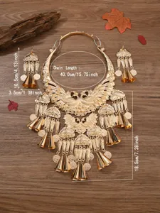 Ethnic Miao silver double peacock necklace earrings set with detailed vintage metal craft.