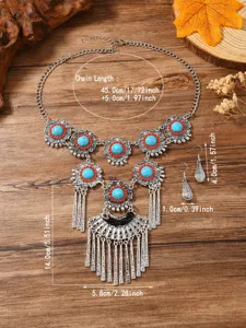 Bohemian vintage turquoise necklace earrings set, ethnic silver metal jewelry for women.