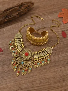 Vintage ethnischer Stil goldfarbene Legierung Halskette und Armband Schmuck Set.