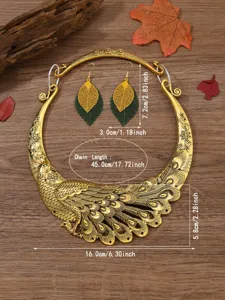 Retro ethnic style peacock statement necklace and leaf earrings jewelry set for women fashion.