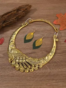 Exquisite detail view of the vintage peacock torque necklace and leaf earrings jewelry set.
