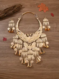 Ethnic Peacock Choker Necklace Earrings Set Gold Vintage Style Travel Jewelry Accessory