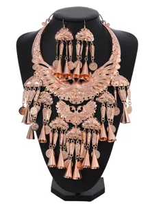 Miao silver peacock ethnic necklace earrings set rose gold tone festival jewelry accessories