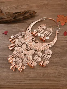 Exquisite rose gold Miao silver ethnic double peacock necklace earrings set detail shot.