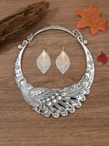 Retro ethnic peacock statement collar necklace and leaf dangle earrings jewelry set for women