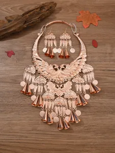 Ethnic rose gold double peacock choker necklace earrings set fashion jewelry photography accessories