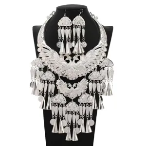 Ethnic Miao Silver Peacock Necklace Earrings Set Vintage Festival Statement Jewelry