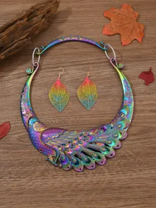 Bohemian retro peacock choker necklace and leaf earrings set, colorful metallic fashion jewelry.