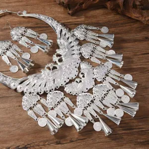 Ethnic Miao silver peacock collar necklace and earrings set, traditional vintage jewelry style.