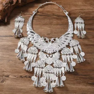 Miao Silver Peacock Necklace Earrings Set Ethnic Jewelry Traditional Festival Costume Decor