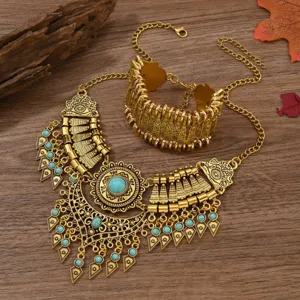 Vintage Ethnisch Gold Türkis Halskette Armband Set Boho Schmuck Damen Alltag