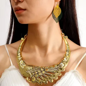 Exaggerated Retro Ethnic Peacock Choker Necklace Earrings Set For Women Zinc Alloy Antique Gold Silver Plated Jewelry Gift