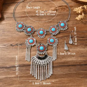 Bohemian vintage turquoise necklace and earrings set with detailed silver alloy ethnic design.