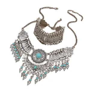 Böhmischer Vintage Silber Türkis Halskette und Armband Schmuck Set für Damen Mode