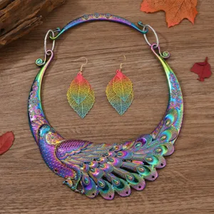 Exaggerated peacock collar necklace and leaf earrings set, retro ethnic style fashion jewelry.
