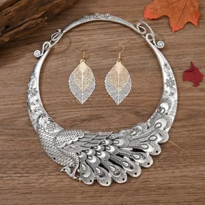 Vintage Peacock Choker Necklace Leaf Earrings Set Ethnic Jewelry Statement Accessories