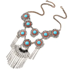 Bohemian vintage turquoise statement necklace multi-layer metal bib fashion jewelry main view