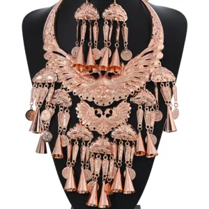 Exquisite ethnic peacock collar necklace and earrings set, vintage rose gold fashion jewelry.
