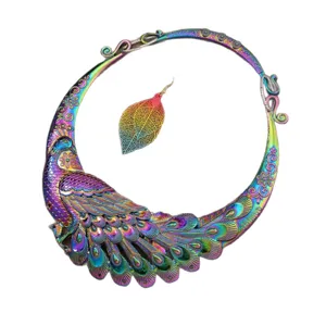 Stunning rainbow peacock statement necklace and leaf earring set for stylish women fashion.