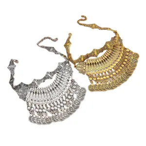 Vintage εθνοτικό κολιέ με κέρματα σαλιάρα, bohemian φούντα choker μοντέρνα κοσμήματα.