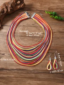 Mehrschichtiges Wachskordel Kette Ohrringe Set handgemachte bunte Boho Schmuck Accessoire
