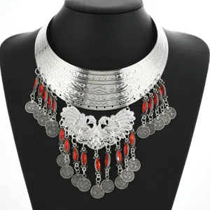Vintage Ethnic Zinc Alloy Peacock Tassel Choker Necklace Multi Layer Statement Rhinestone Coin Pendant Collar Jewelry For Banquet Party