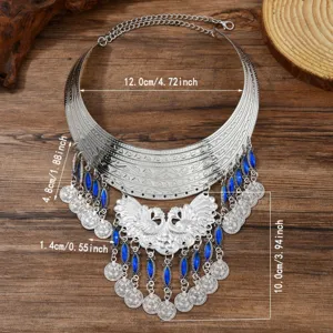 European ethnic multi-layer peacock tassel necklace with blue stones for women fashion.