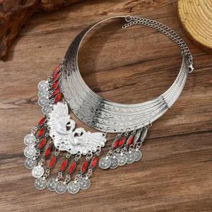 Retro multi-layer peacock tassel rhinestone bib necklace, boho ethnic statement collar.